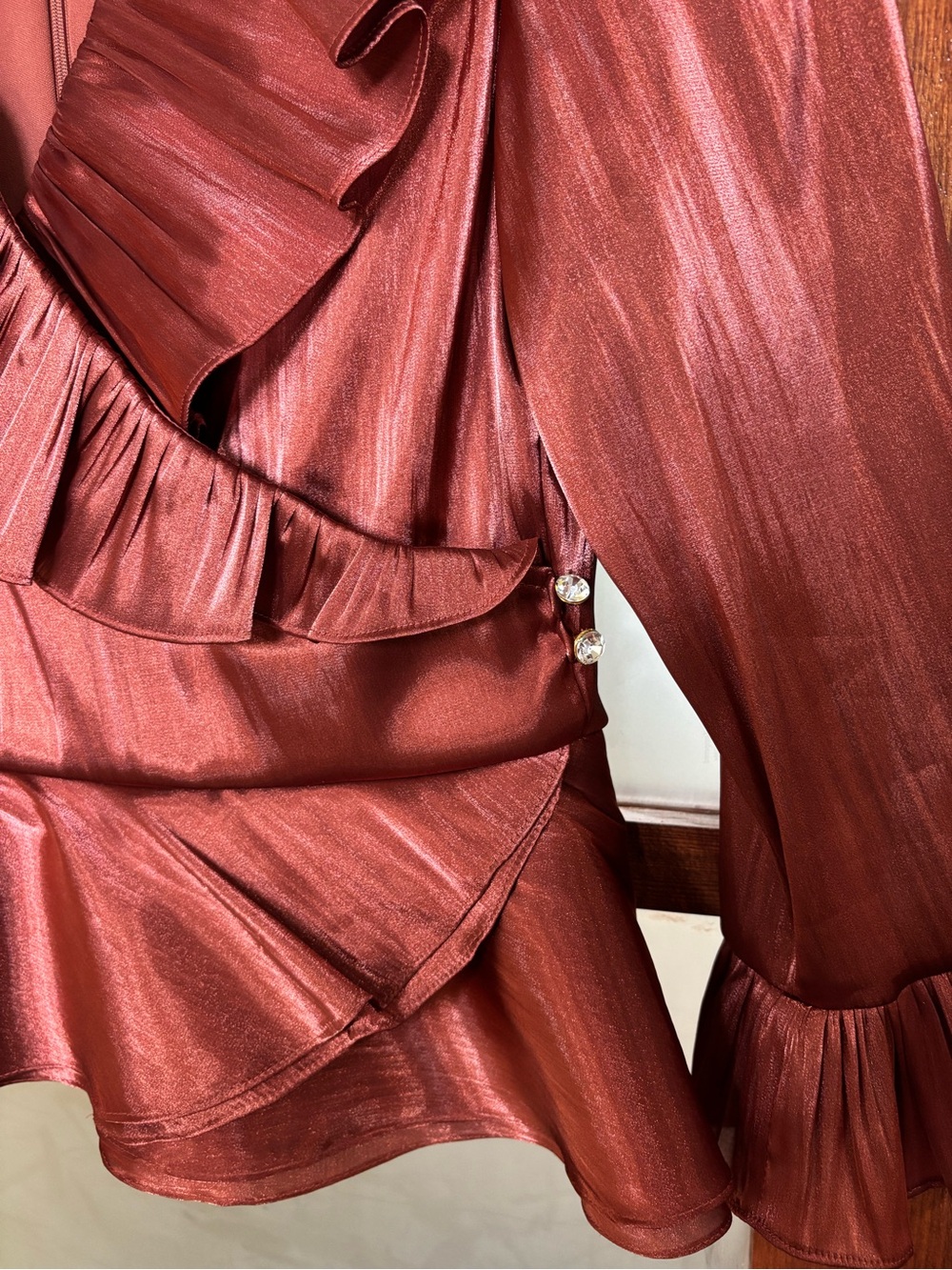 Cachet Rust Satin Ruffle Blouse - Picture 2 of 4